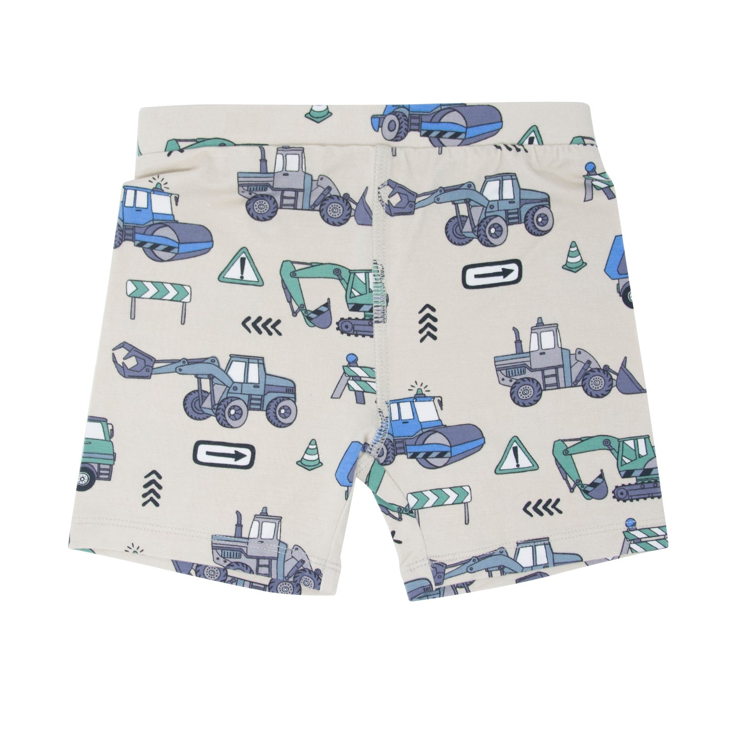 Kids' construction pajama shorts with blue and green vehicle pattern on light fabric