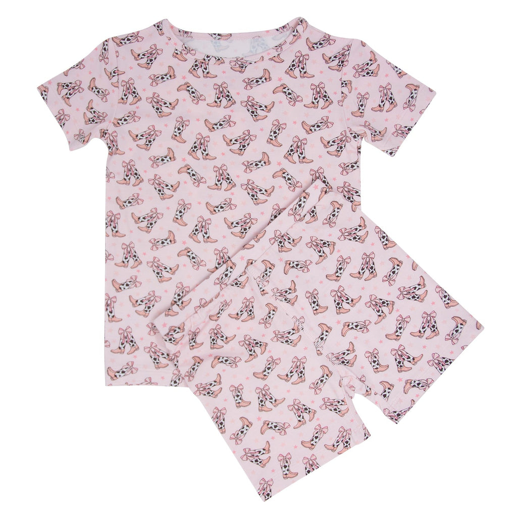 Girls' pink pajama set with rabbit and bow print, short-sleeve top and shorts