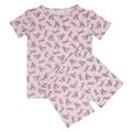 Girls' pink pajama set with rabbit and bow print, short-sleeve top and shorts