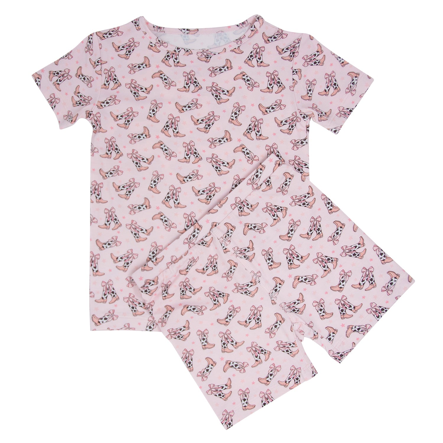 Girls' pink pajama set with rabbit and bow print, short-sleeve top and shorts