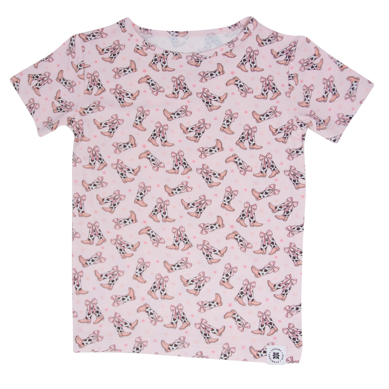 Girls' pink short-sleeve pajama top with rabbit and bow allover print