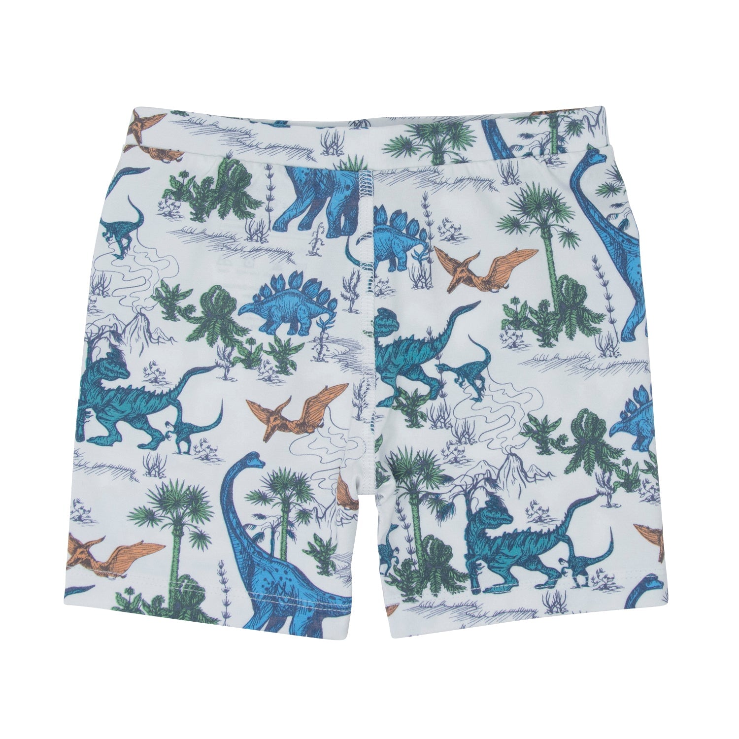 Boys dinosaur print pajama shorts in white with blue and brown dinosaur graphics