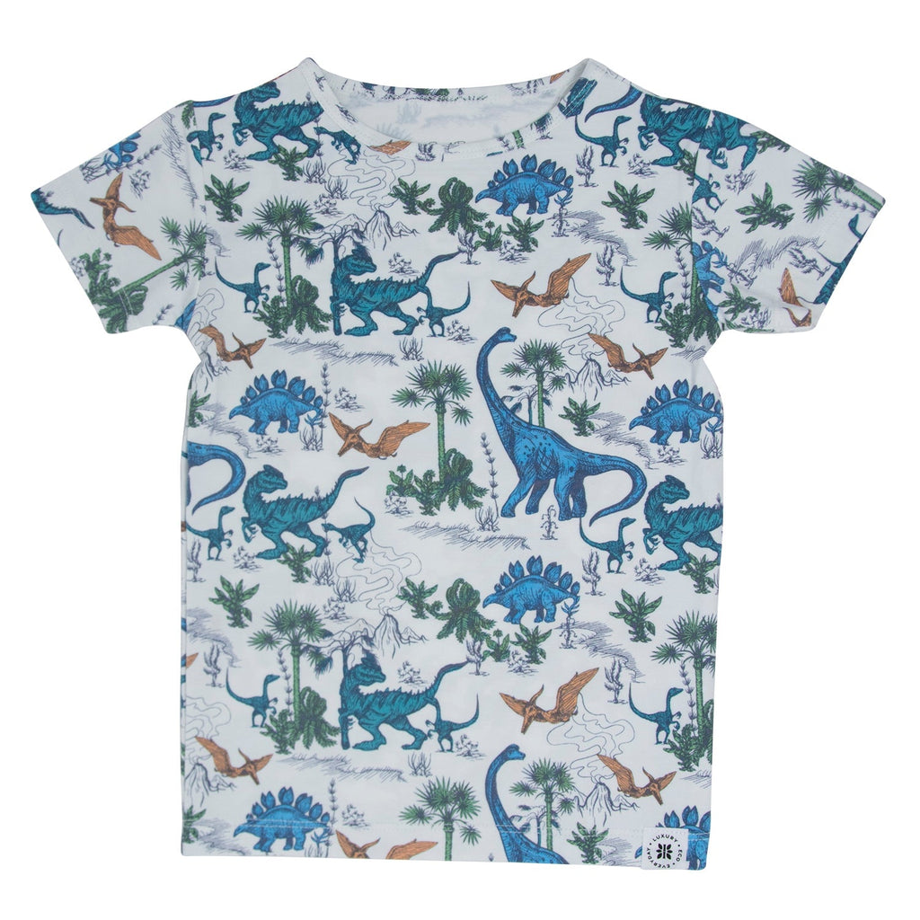 Boys dinosaur print short-sleeve pajama top in white with blue and green dinosaurs