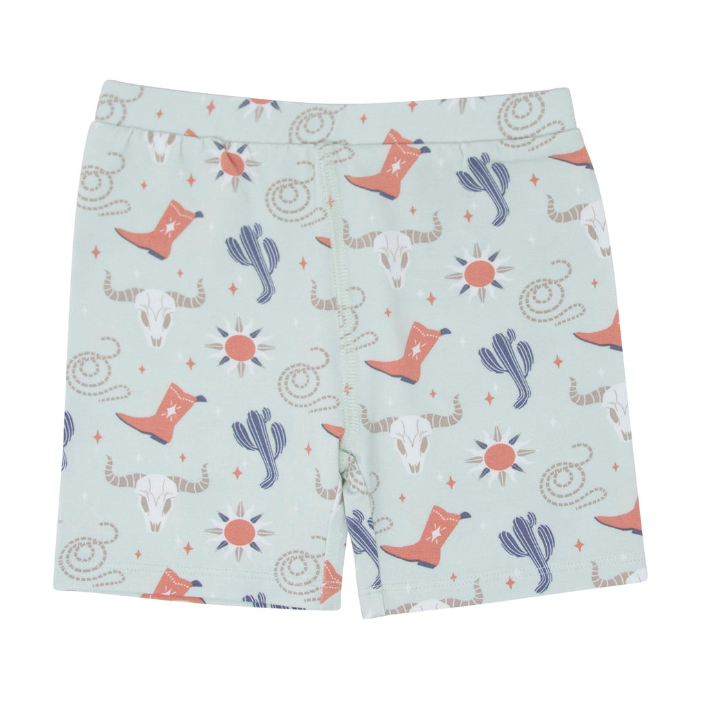 Boys western pajama shorts in light blue with cowboy boot, cactus, and sun pattern