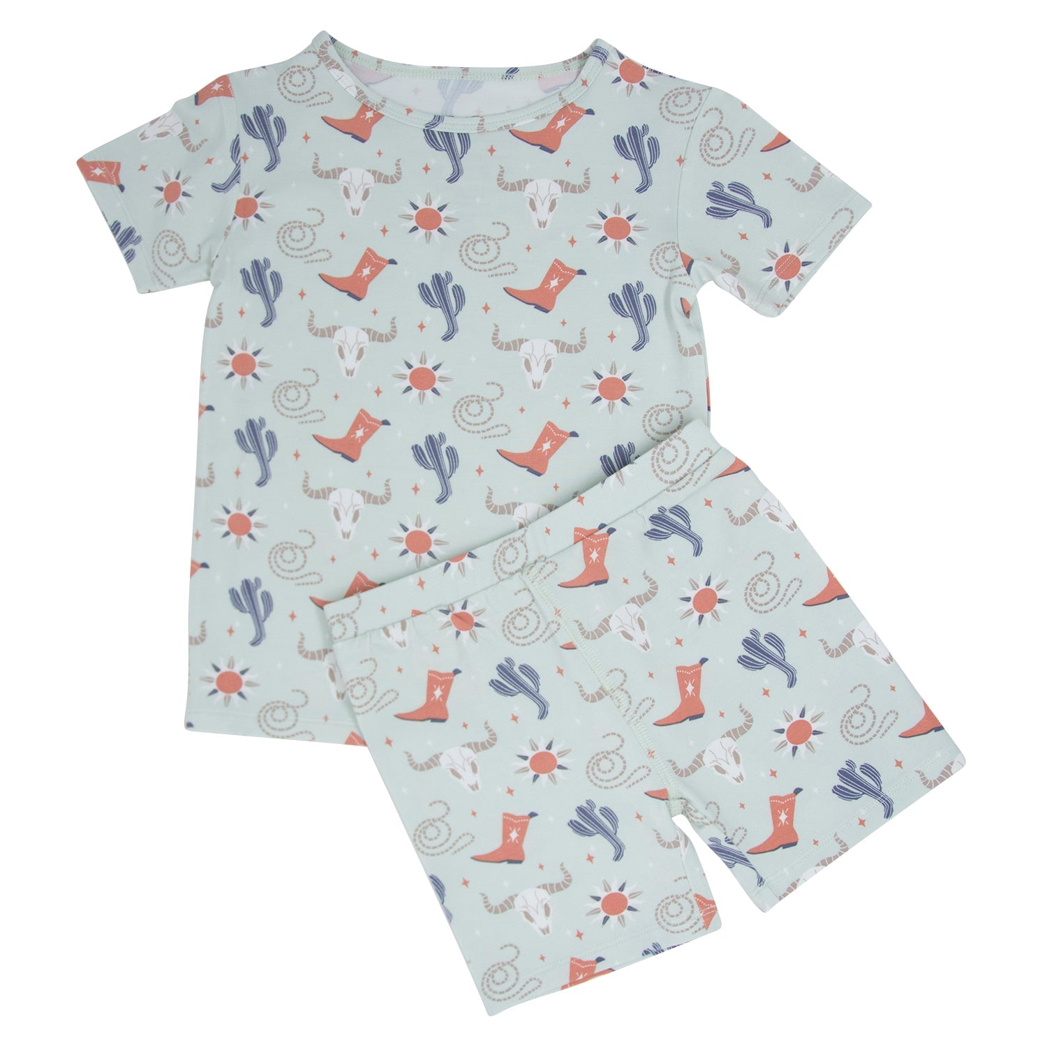 Boys western pajama set, light blue shirt and shorts with cowboy boot and cactus print