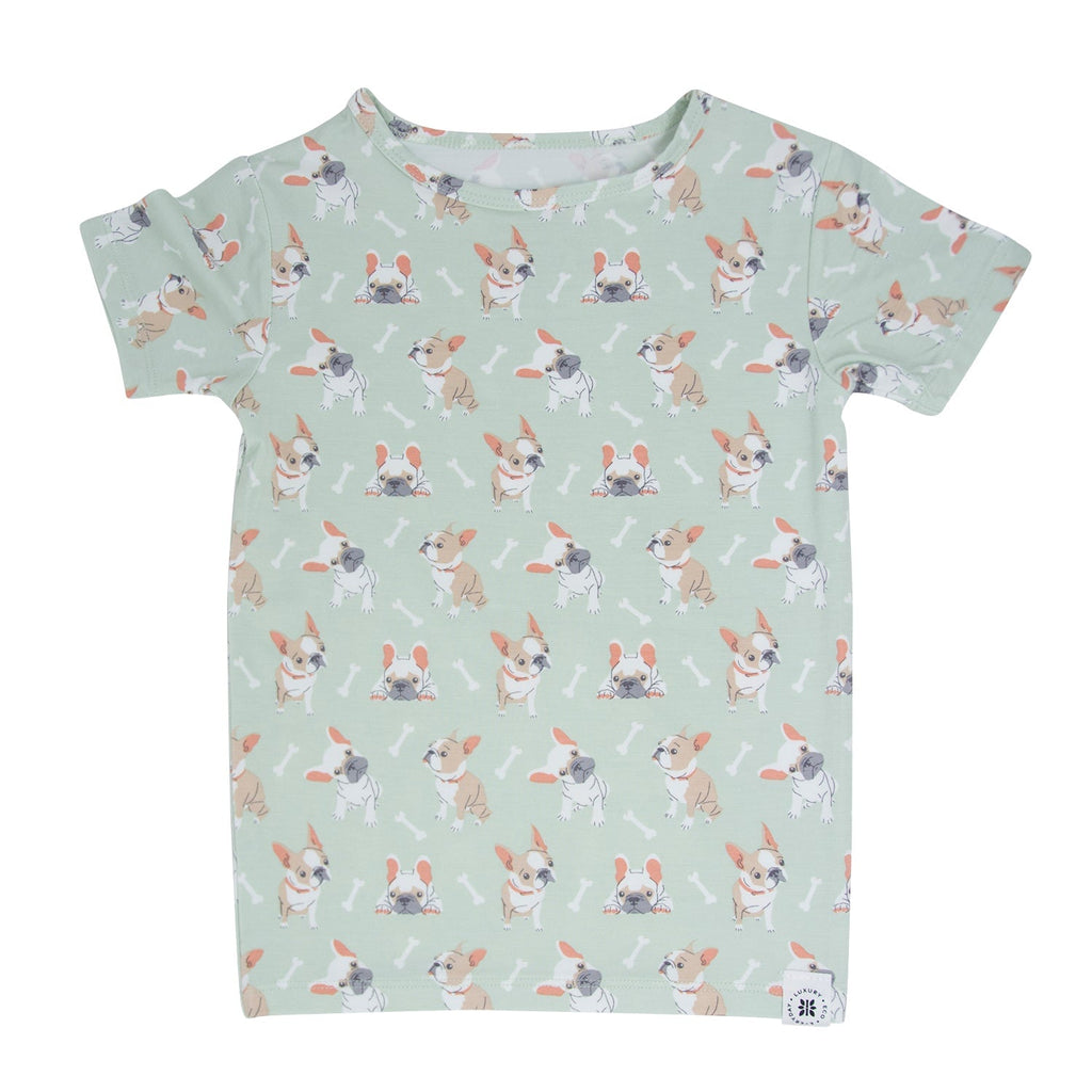 Mint green baby pajama T-shirt with Frenchie puppy pattern, crew neck, short sleeves
