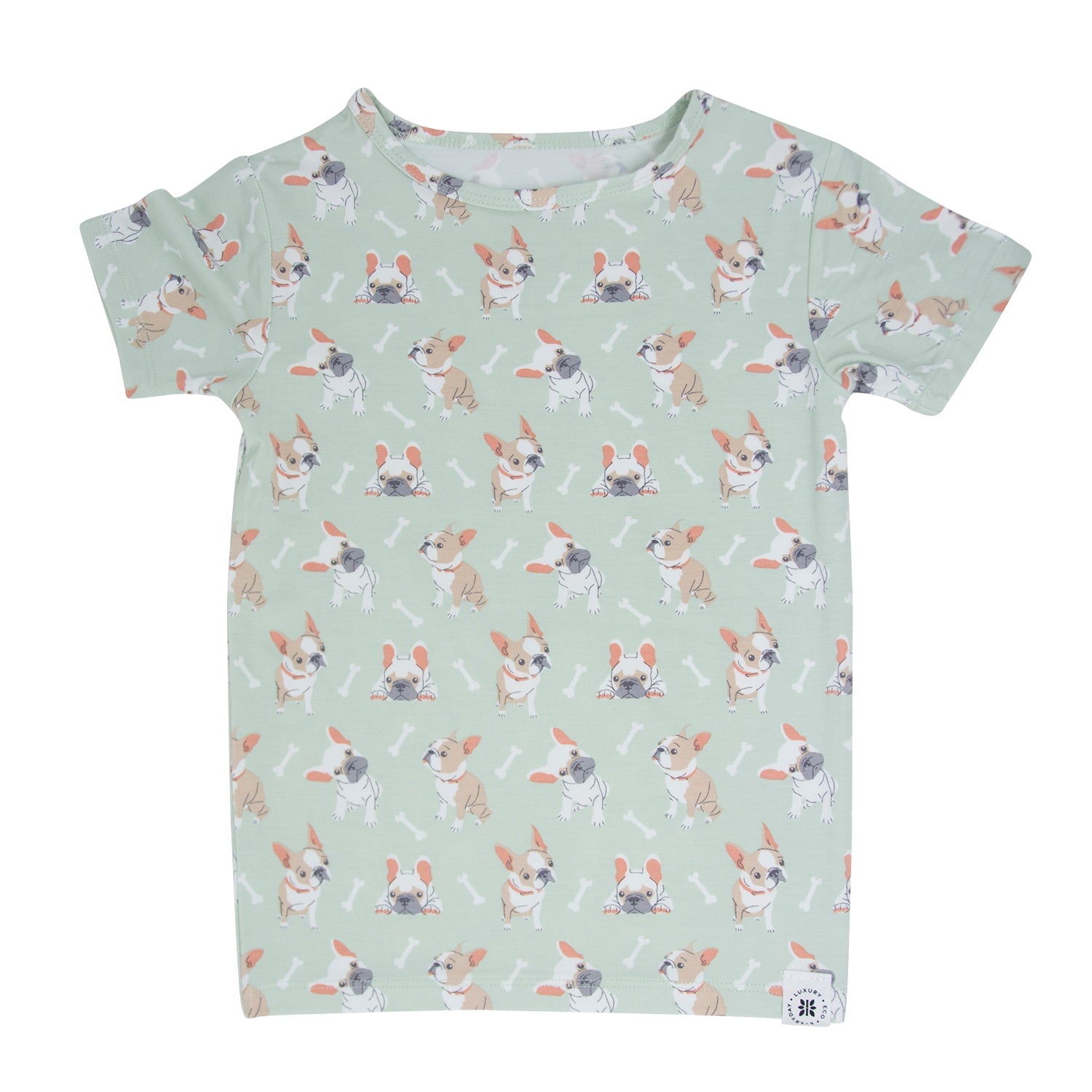 Mint green baby pajama T-shirt with Frenchie puppy pattern, crew neck, short sleeves