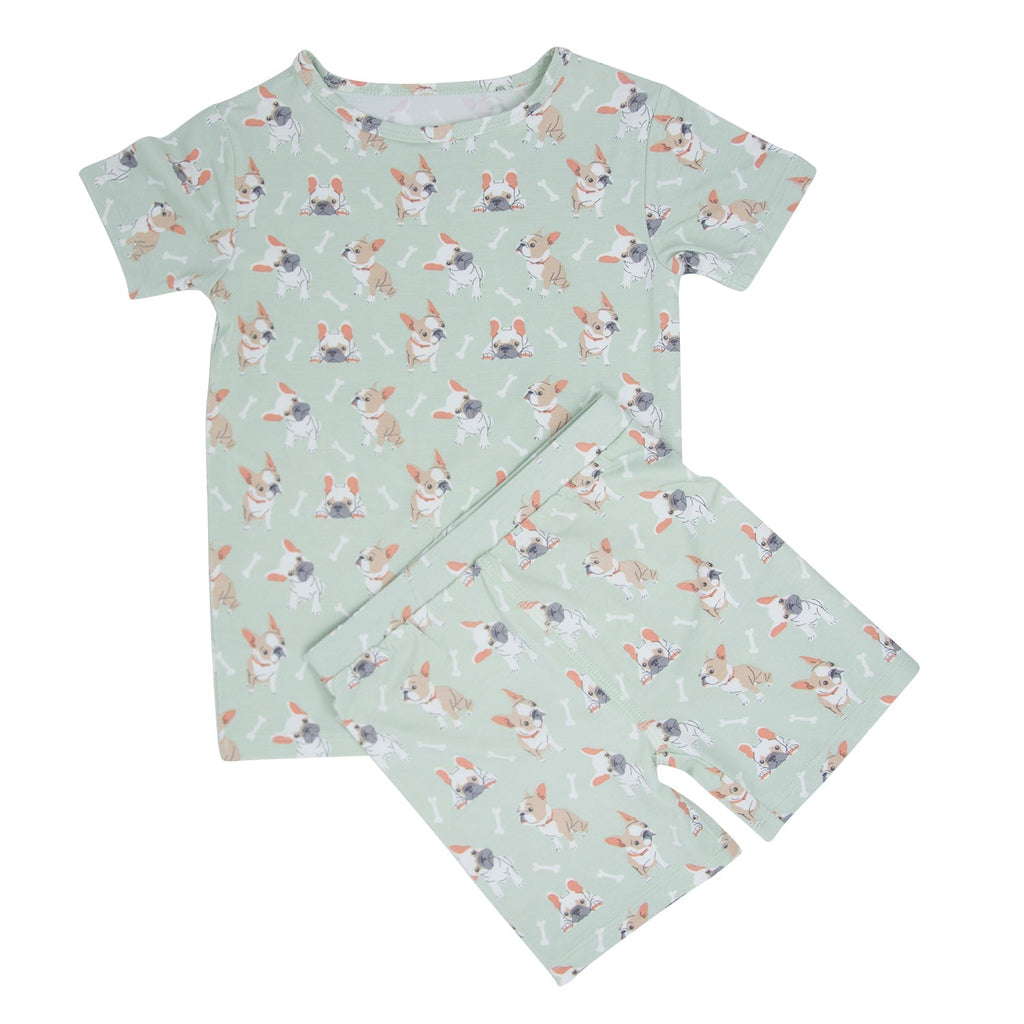 Mint green baby pajama set with Frenchie puppy print, T-shirt and matching pants