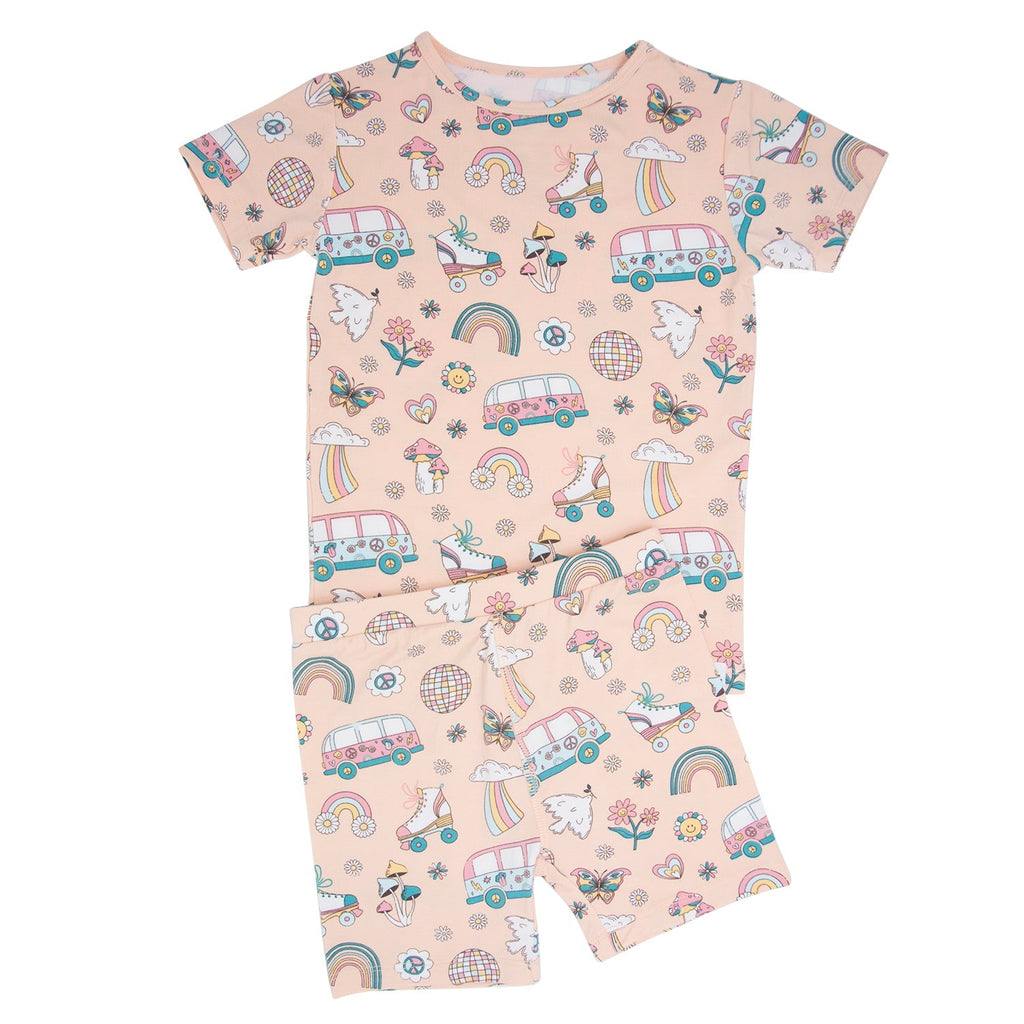 Girls' light pink pajama set with colorful retro vehicle and animal print