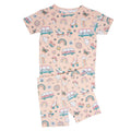 Girls' light pink pajama set with colorful retro vehicle and animal print