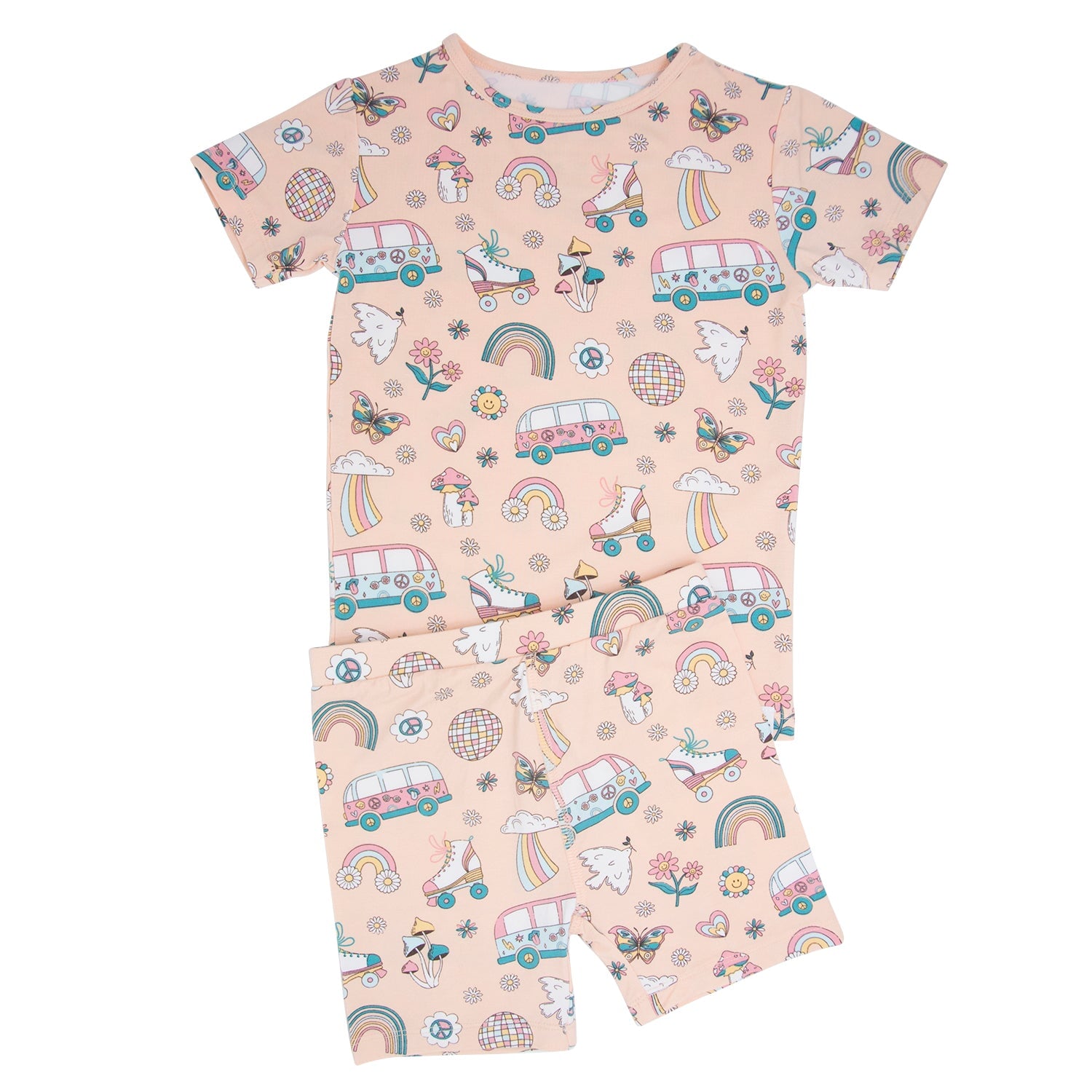 Girls' light pink pajama set with colorful retro vehicle and animal print