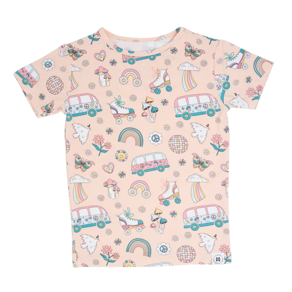 Girls' light pink T-shirt and shorts set with retro cars, rainbows, and flowers
