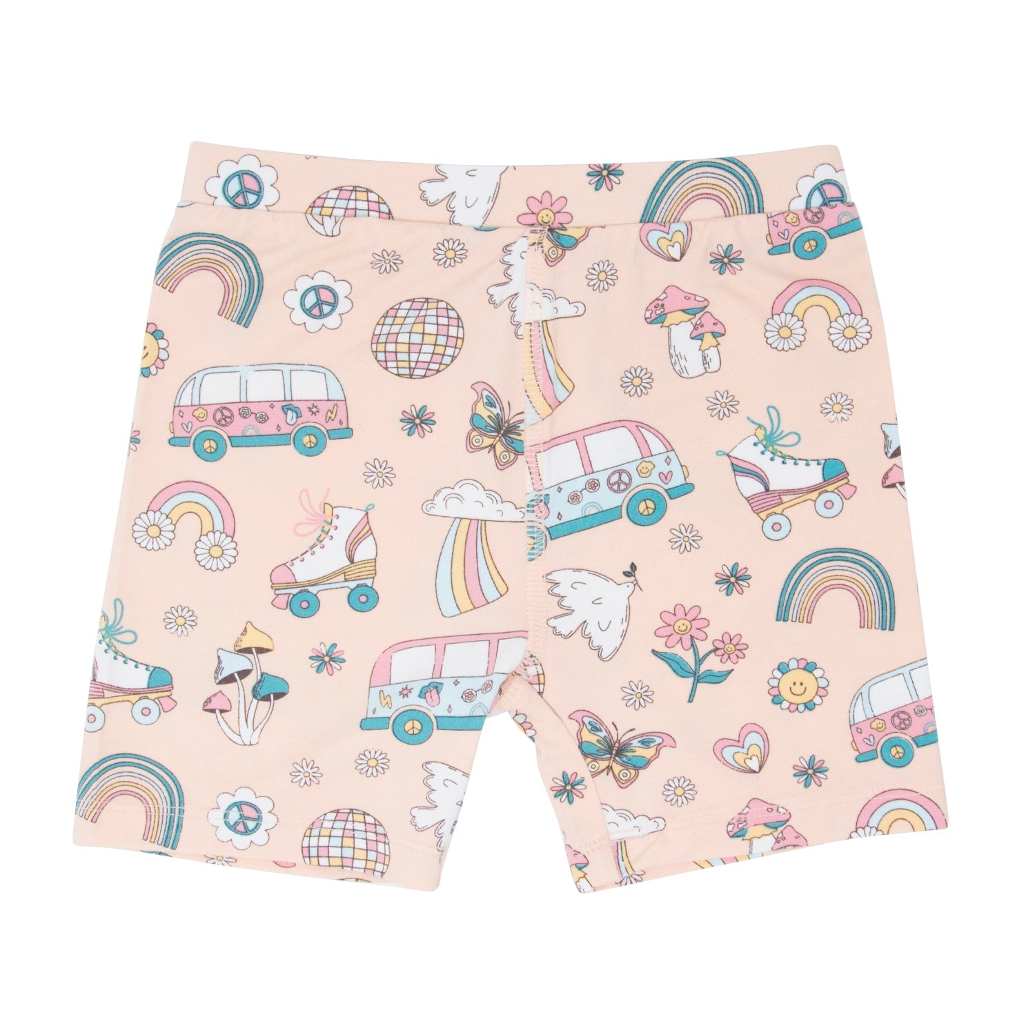 Girls' light pink shorts with colorful retro vehicle, rainbow, and animal print