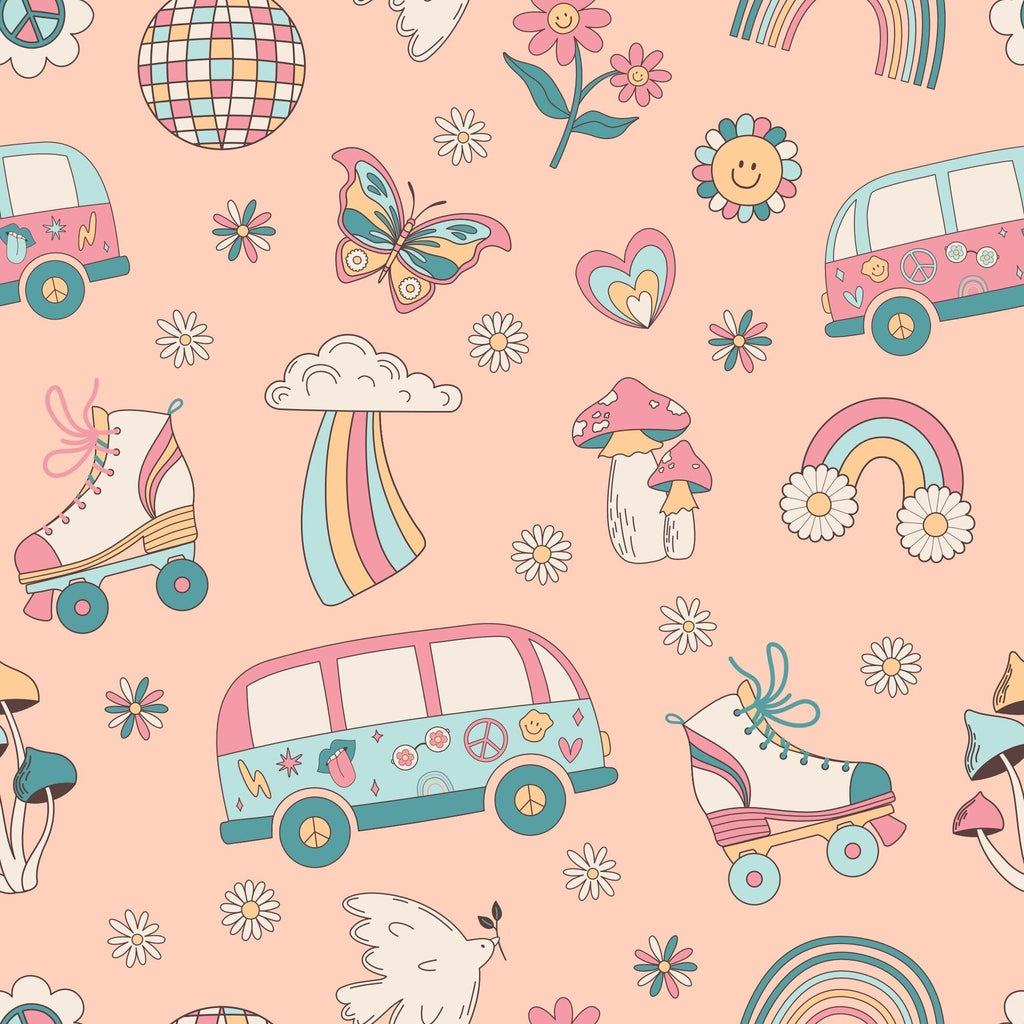 Light pink fabric close-up with retro cars, mushrooms, rainbows, and flower pattern