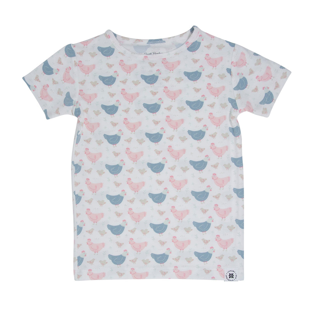 Bamboo pajama top for girls with pink and blue hens print, short sleeves
