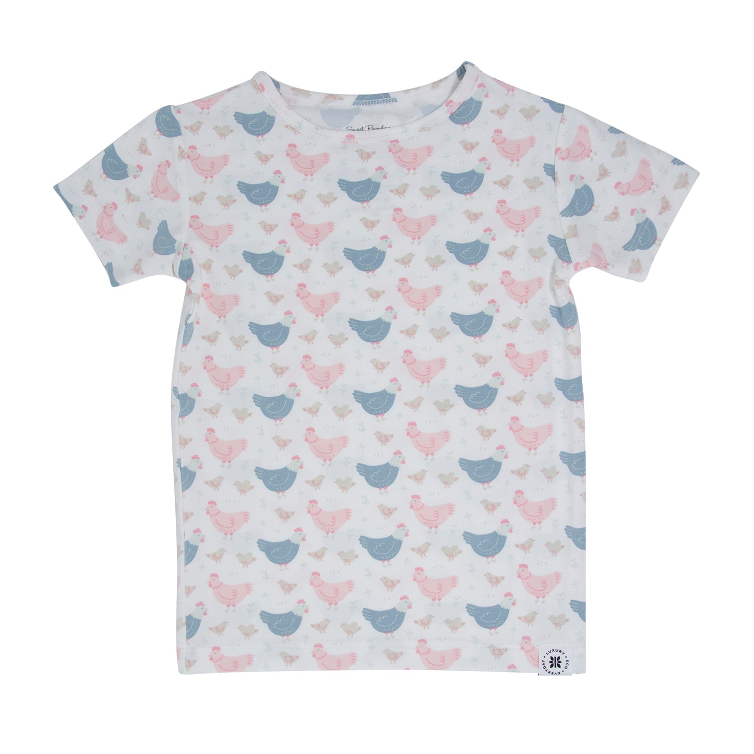 Bamboo pajama top for girls with pink and blue hens print, short sleeves