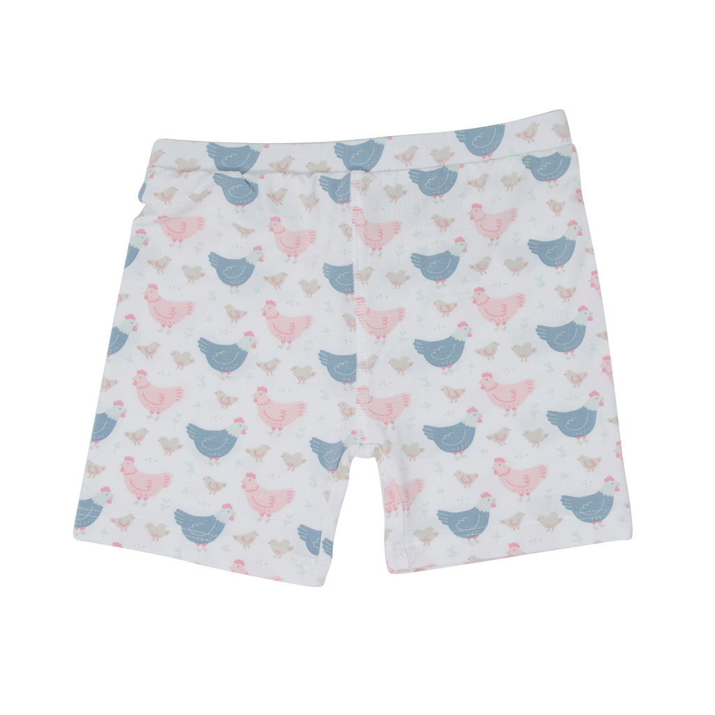 Bamboo pajama shorts for girls with pink and blue hens print, elastic waistband