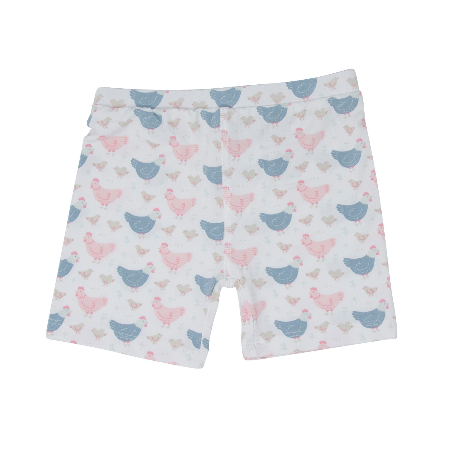 Bamboo pajama shorts for girls with pink and blue hens print, elastic waistband