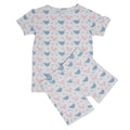Bamboo pajama set for girls with pink and blue hens print, short-sleeve top and shorts