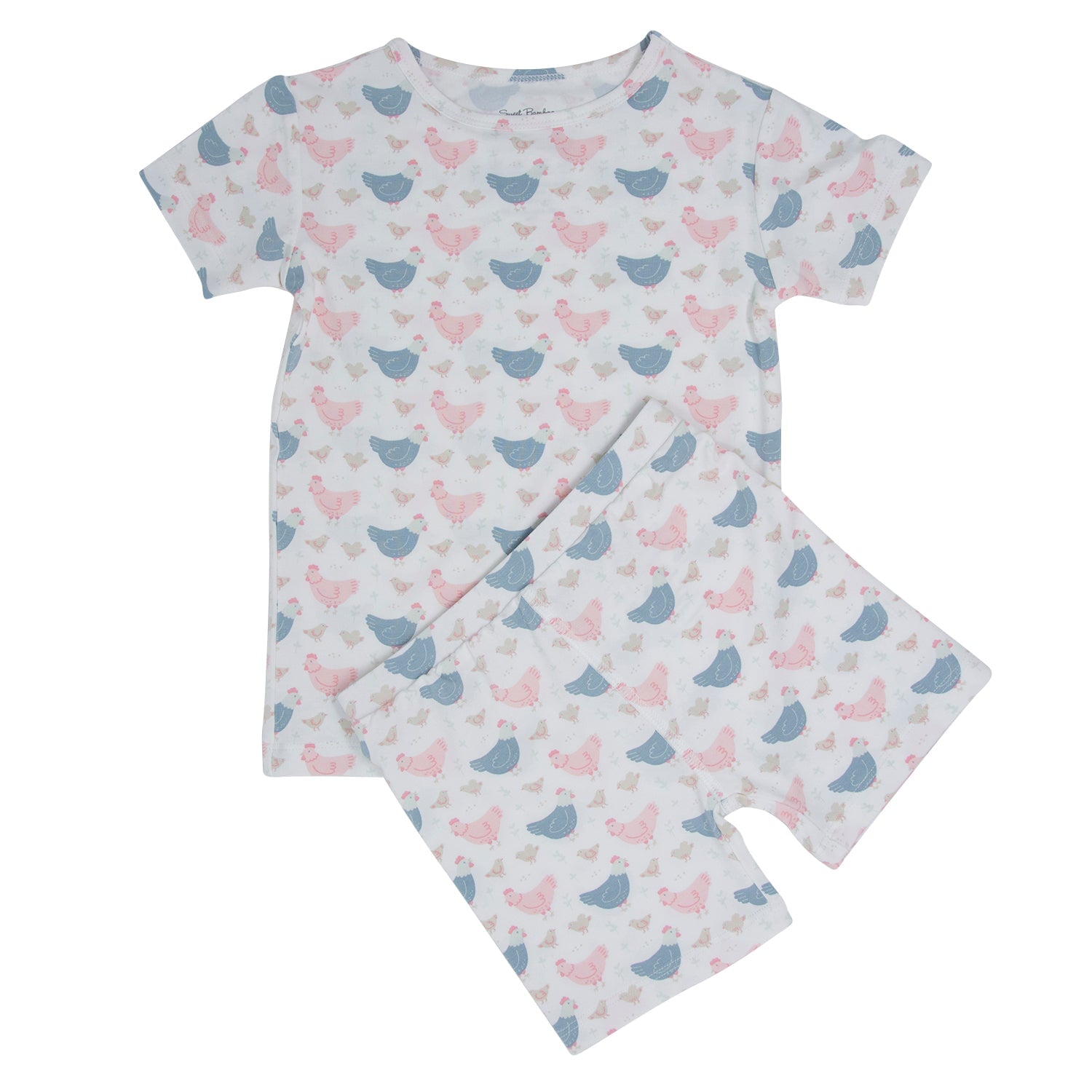 Bamboo pajama set for girls with pink and blue hens print, short-sleeve top and shorts