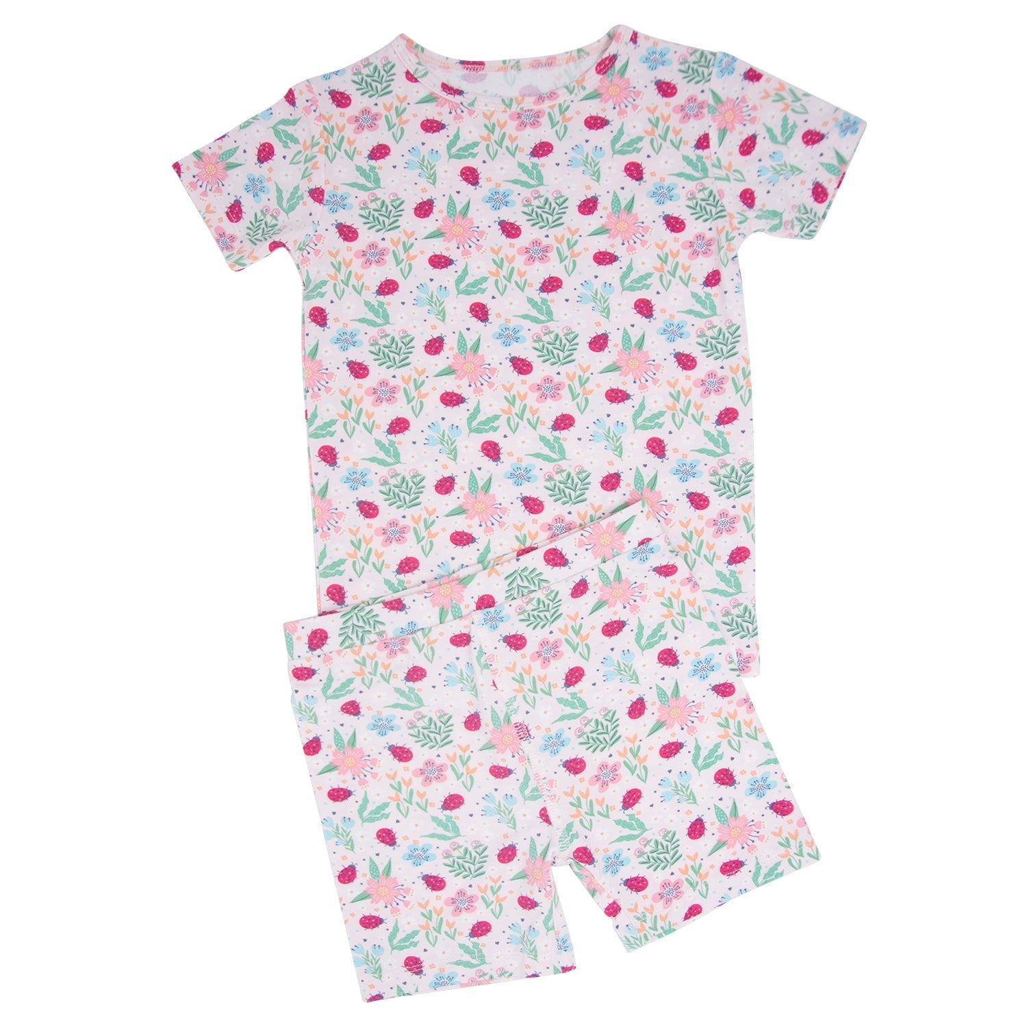 Girls summer pajama set shirt and shorts with ladybug floral print on light background