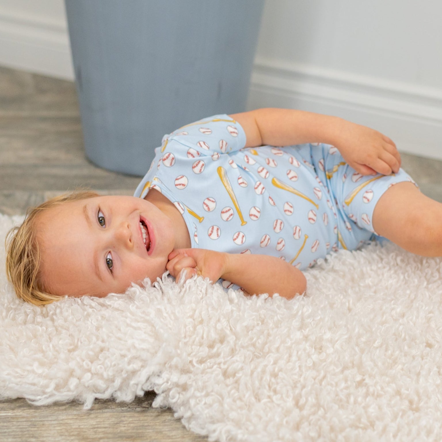 Boys' light-blue baseball pajama set with short-sleeve tee and matching shorts