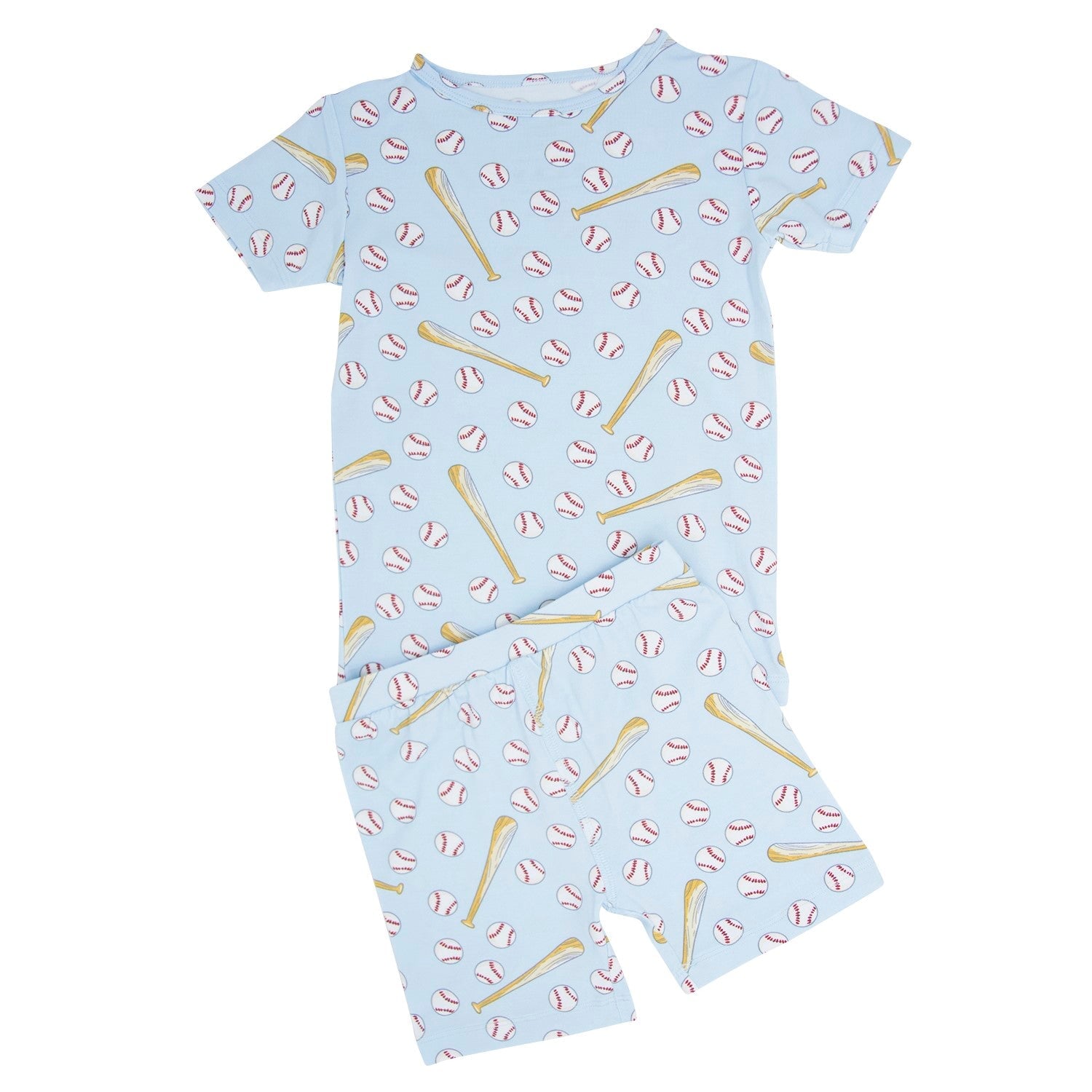 Light-blue baseball pajama set with patterned short-sleeve top and shorts