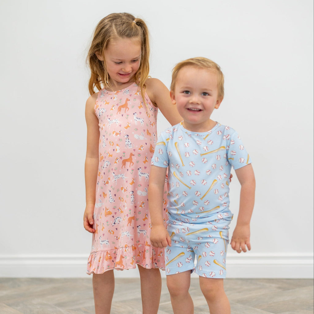 Boys' light-blue baseball pajama set with short-sleeve top and matching shorts