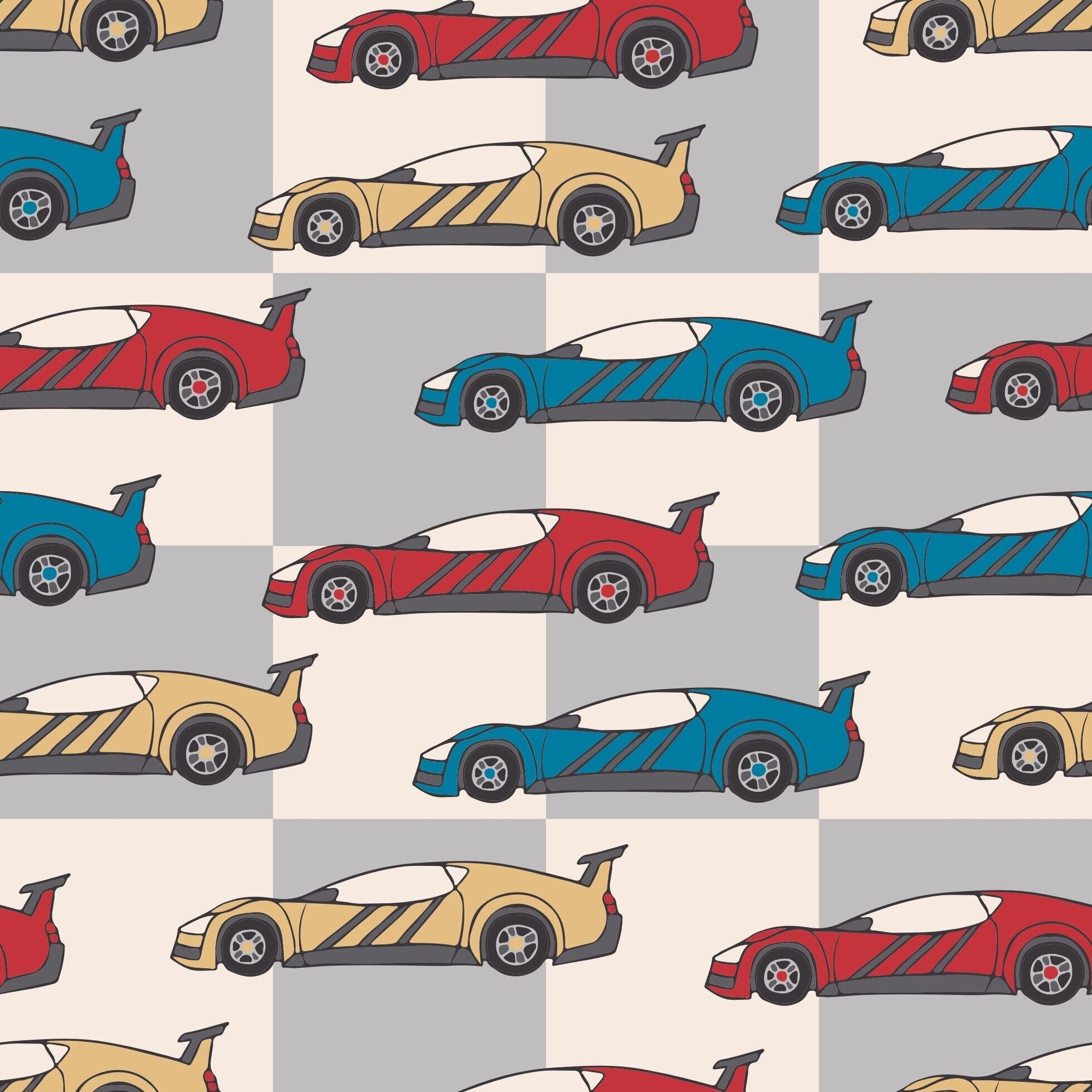 Kids' car-print pajama fabric pattern with red, blue, and yellow race cars on gray
