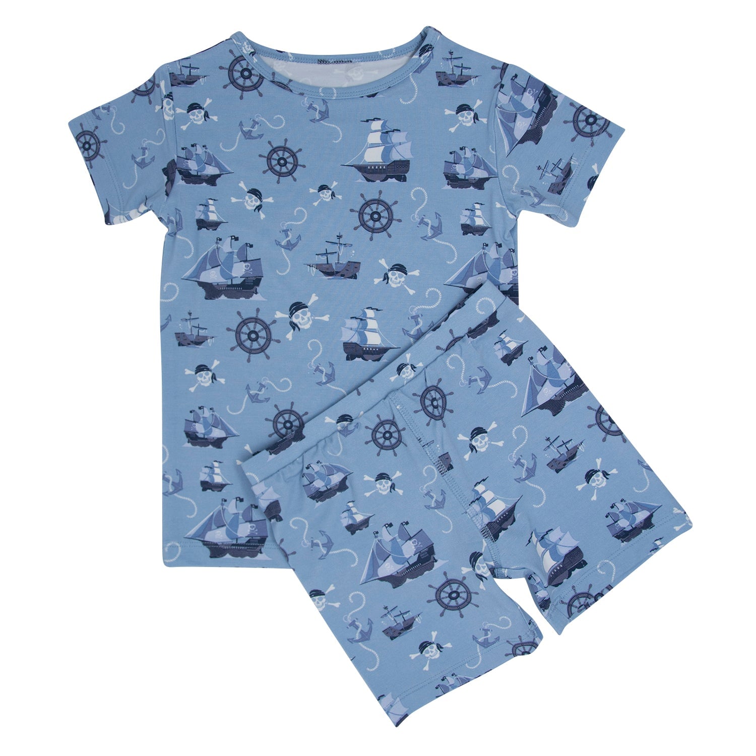 Boys blue pirate-themed short-sleeve pajama top and shorts set