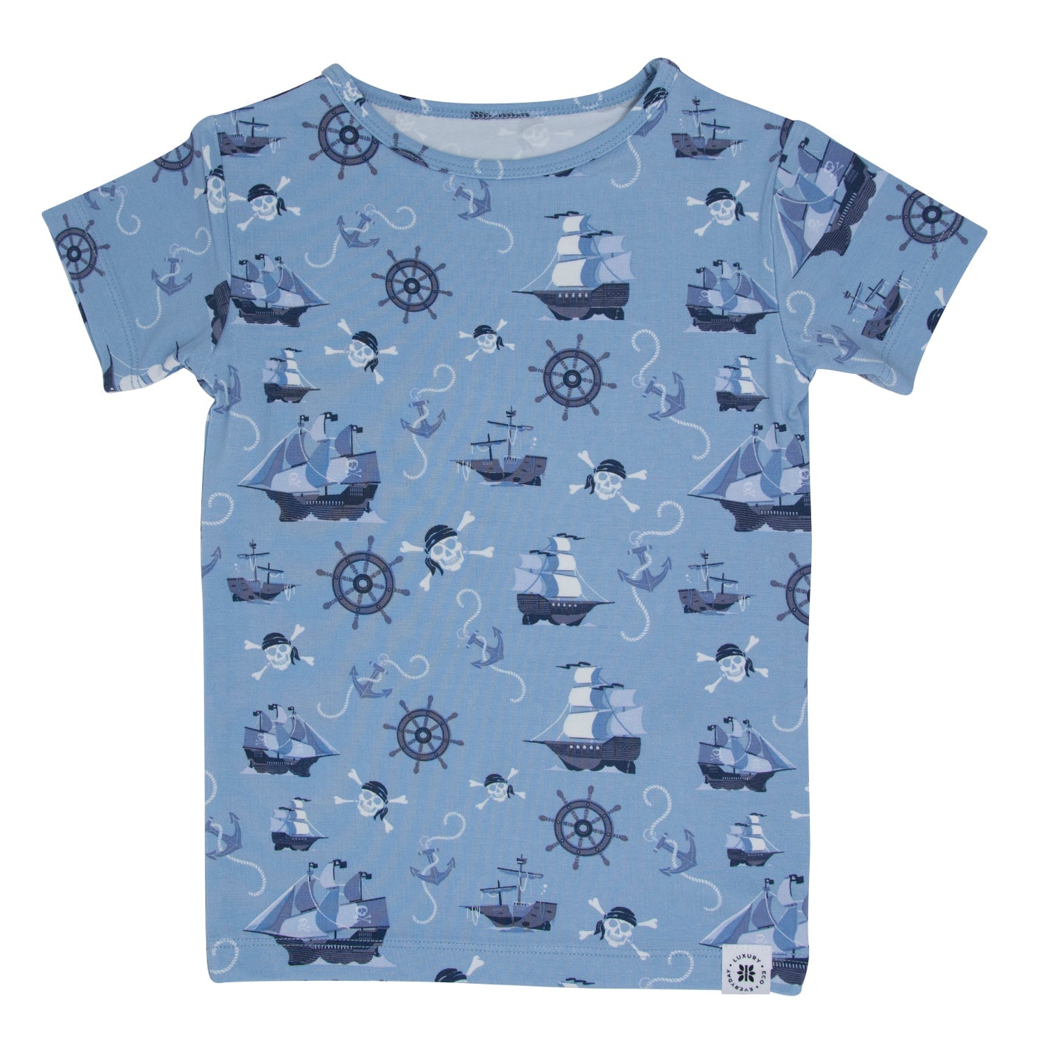 Boys blue pirate-themed short-sleeve pajama top with ships and wheel print