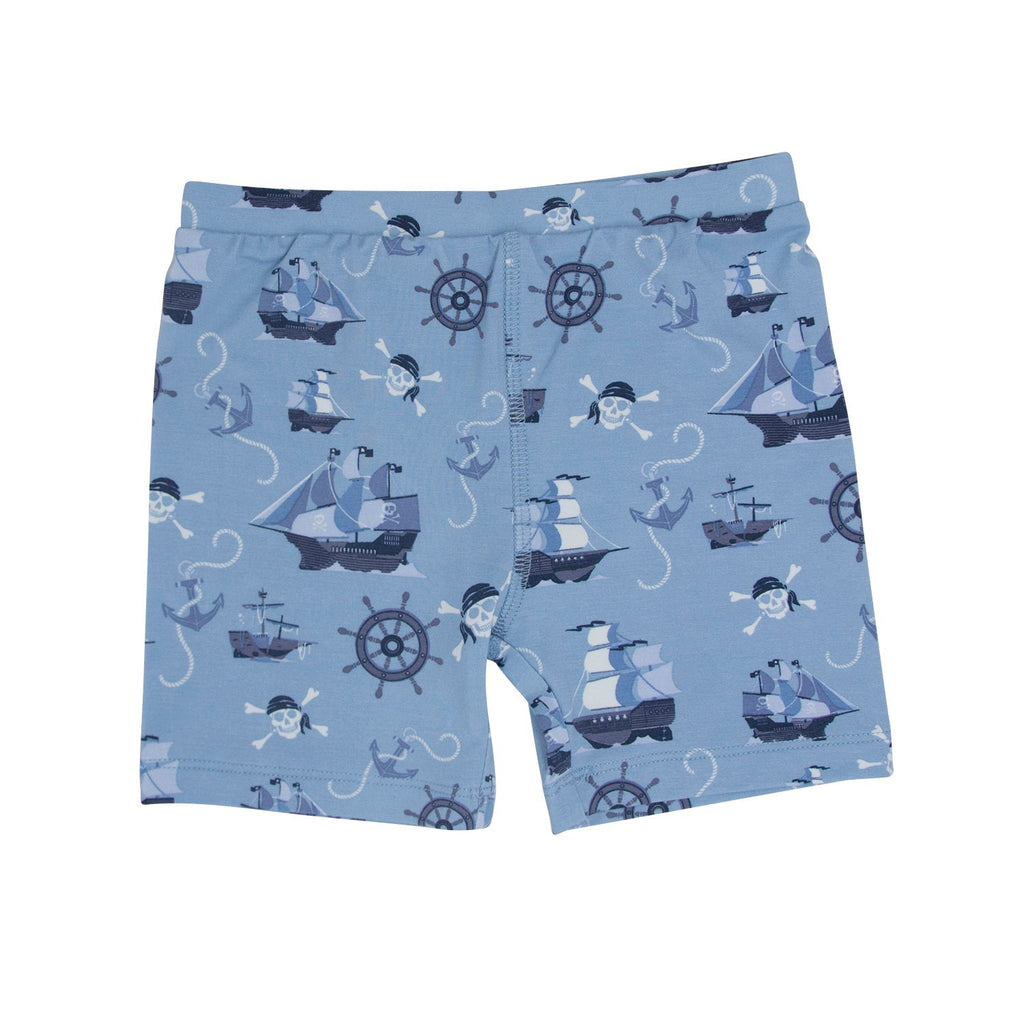Boys blue pirate-themed pajama shorts with ships, skulls, and wheel print