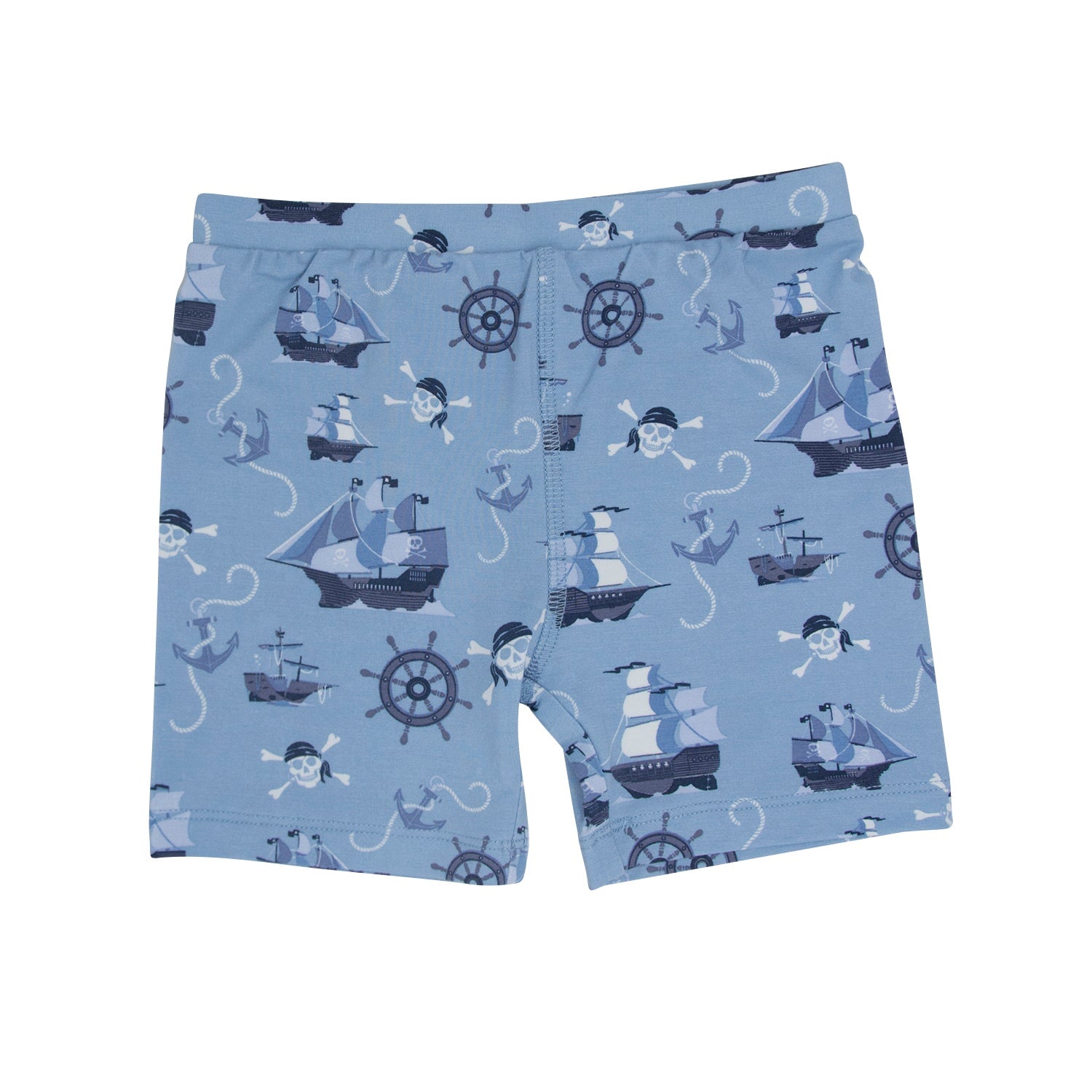 Boys blue pirate-themed pajama shorts with ships, skulls, and wheel print