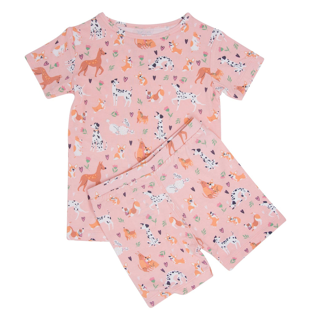 Girls summer pajama set: pink short-sleeve top and matching shorts with animal print