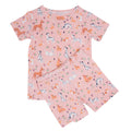 Girls summer pajama set: pink short-sleeve top and matching shorts with animal print