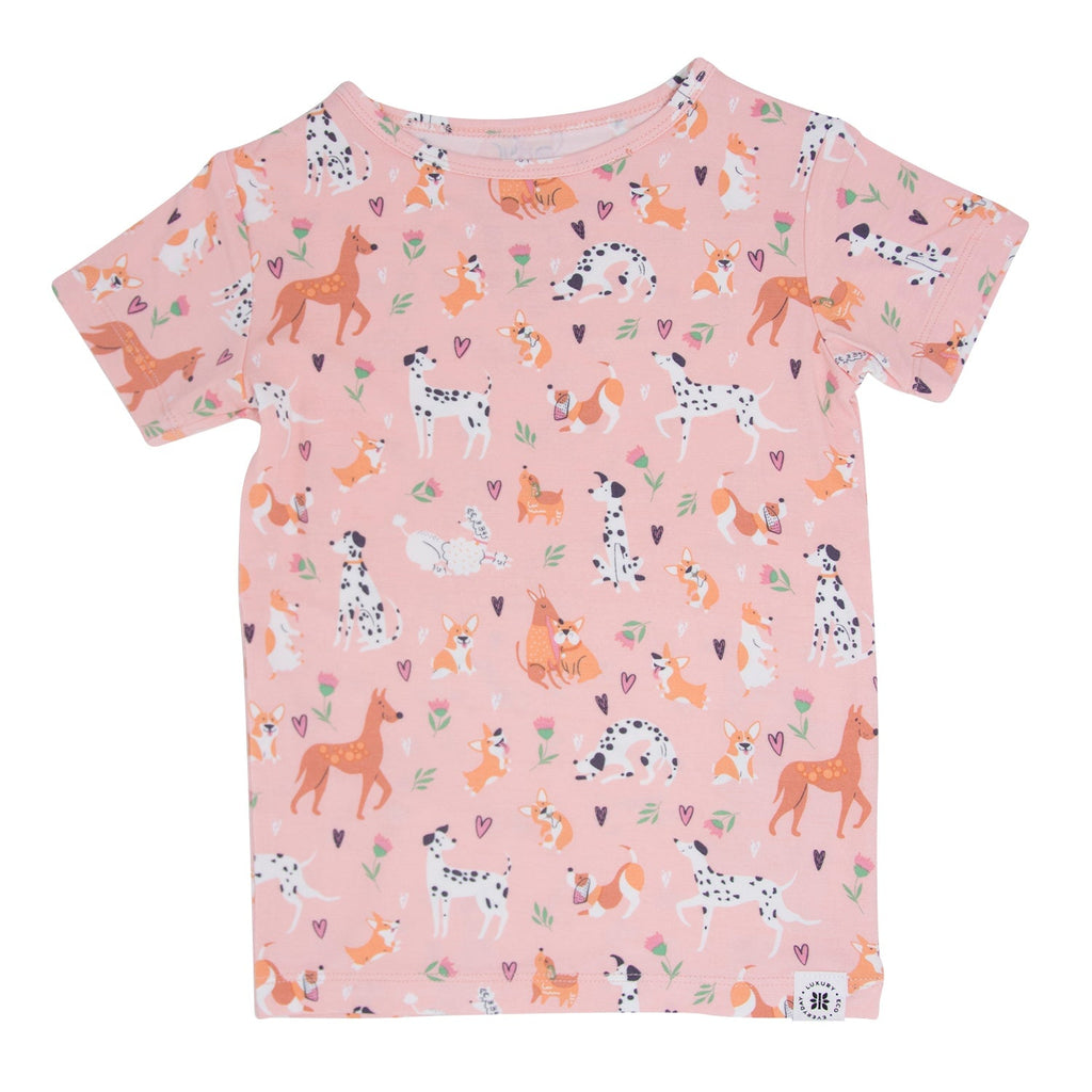 Girls short-sleeve pajama top in pink with scattered animal faces print