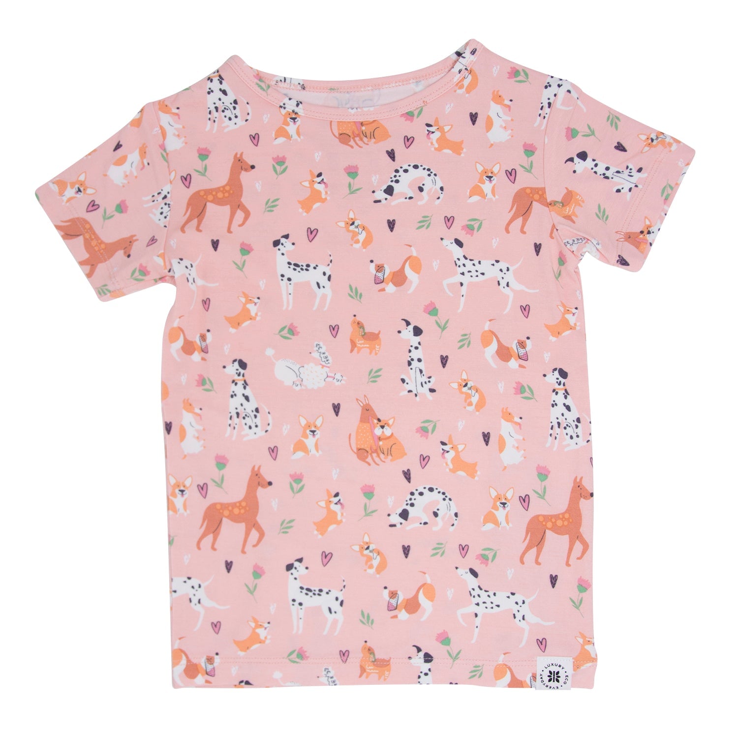 Girls short-sleeve pajama top in pink with scattered animal faces print