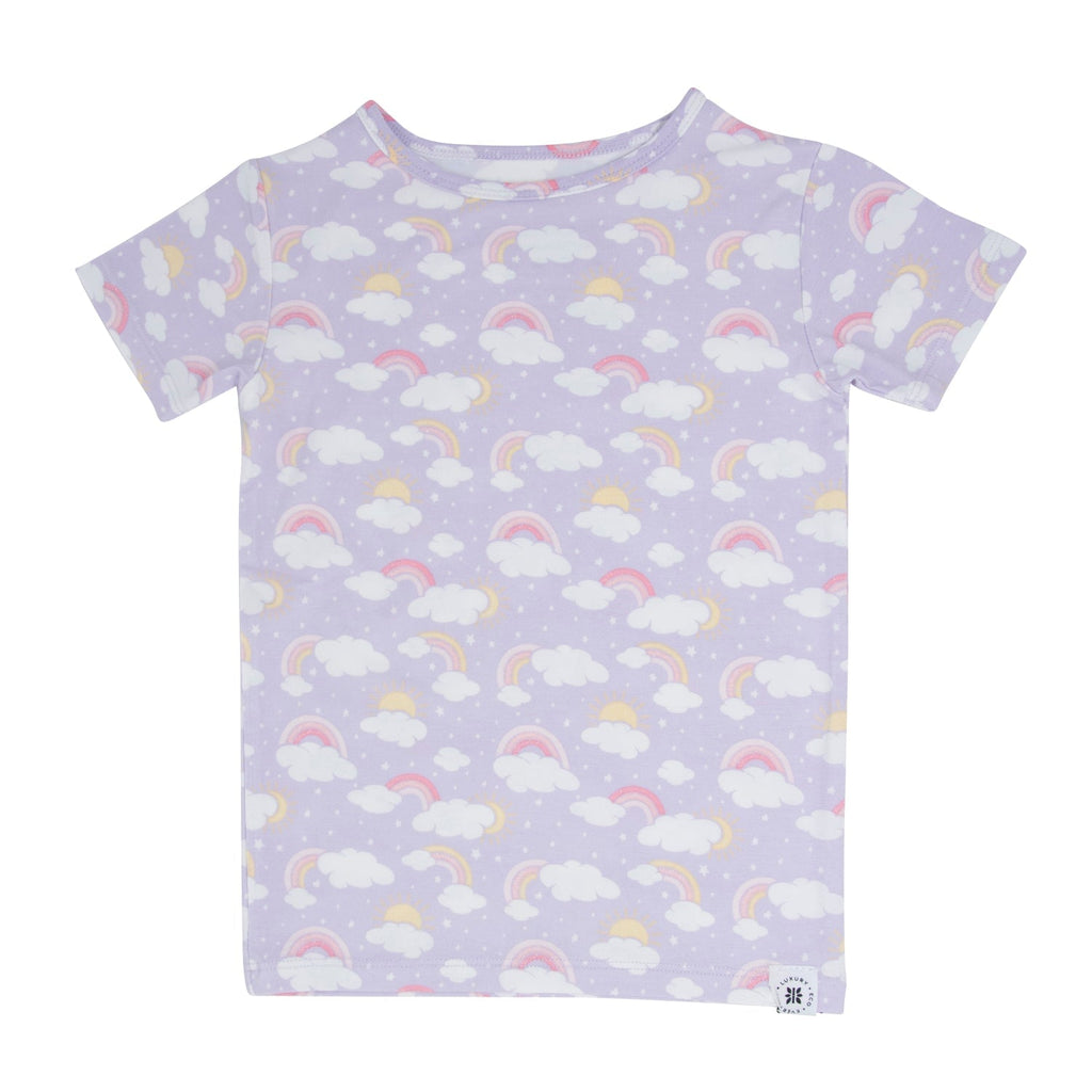 Girls' lavender pajama top with rainbow cloud print and short sleeves