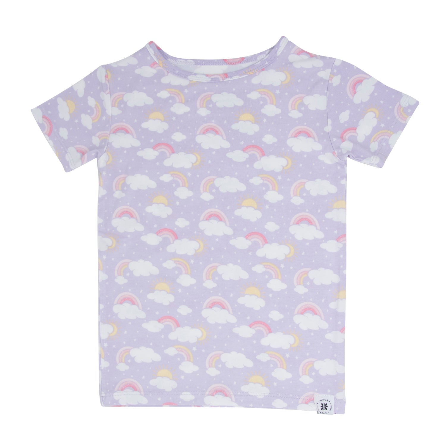 Girls' lavender pajama top with rainbow cloud print and short sleeves
