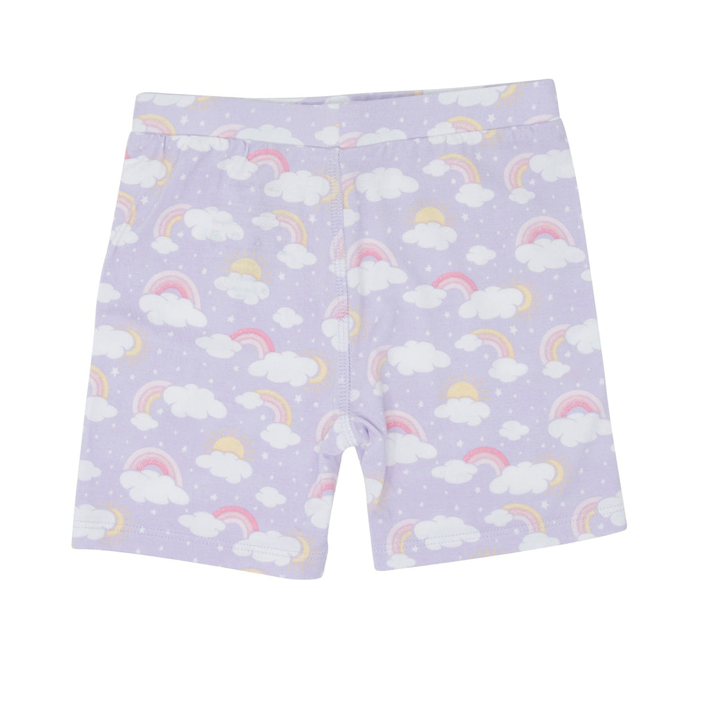 Girls' lavender pajama shorts with rainbow cloud print and elastic waistband