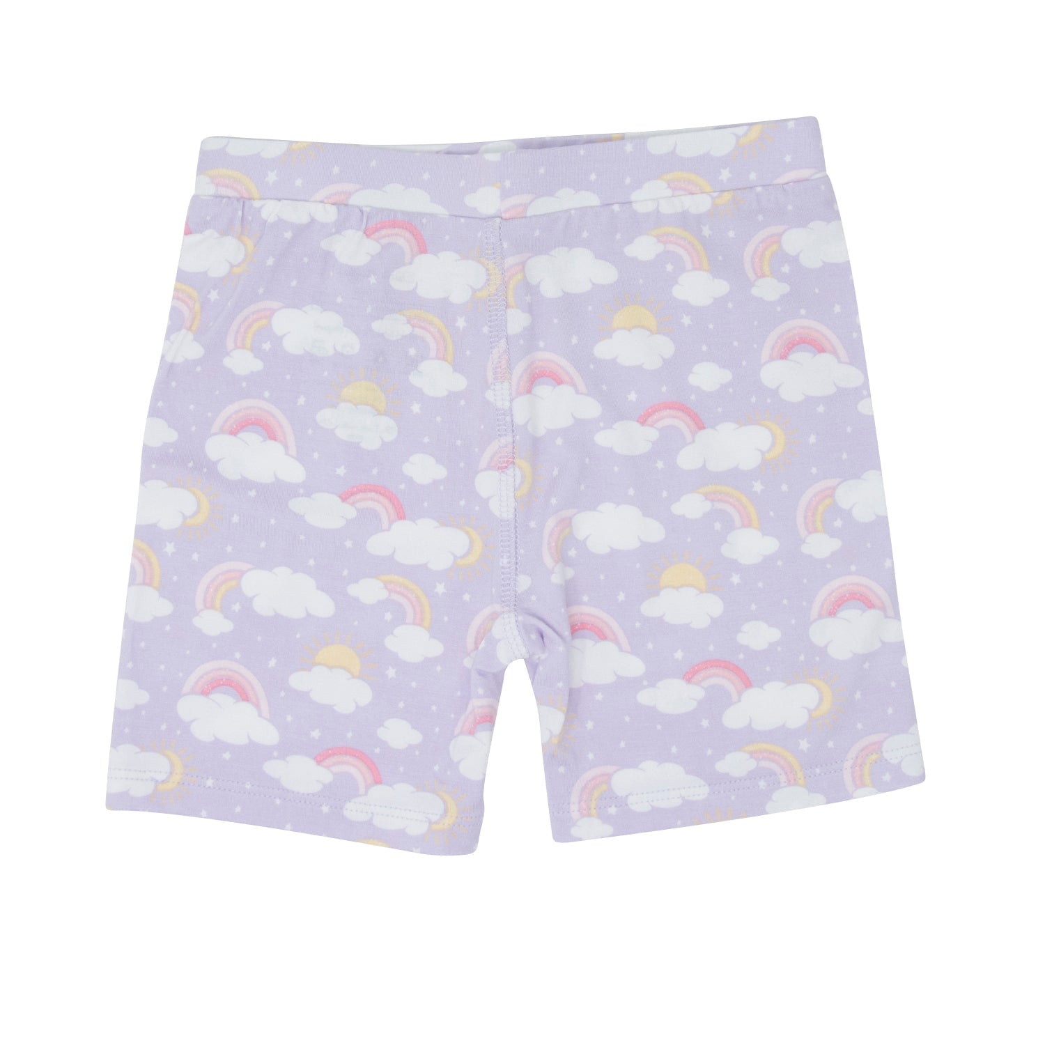 Girls' lavender pajama shorts with rainbow cloud print and elastic waistband