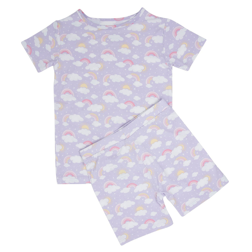 Girls' lavender pajama set with rainbow cloud print, short-sleeve top and shorts