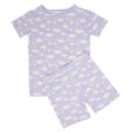 Girls' lavender pajama set with rainbow cloud print, short-sleeve top and shorts