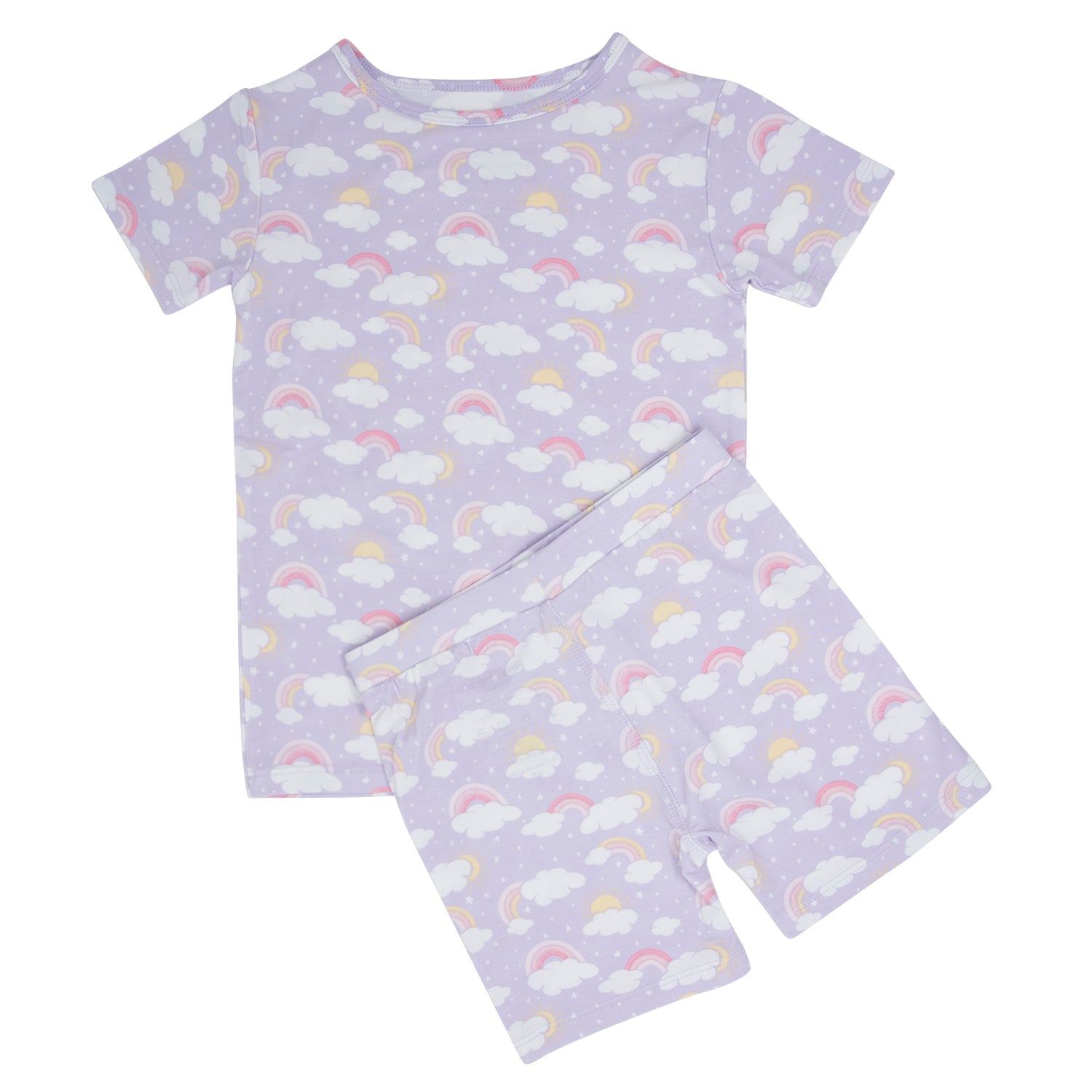 Girls' lavender pajama set with rainbow cloud print, short-sleeve top and shorts