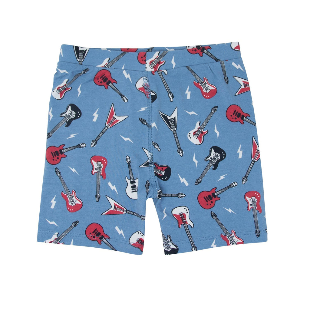 Boys blue guitar-print pajama shorts with elastic waist and allover band graphics