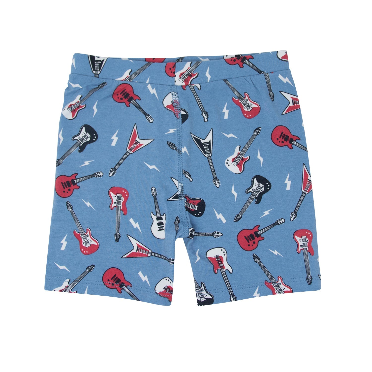 Boys blue guitar-print pajama shorts with elastic waist and allover band graphics