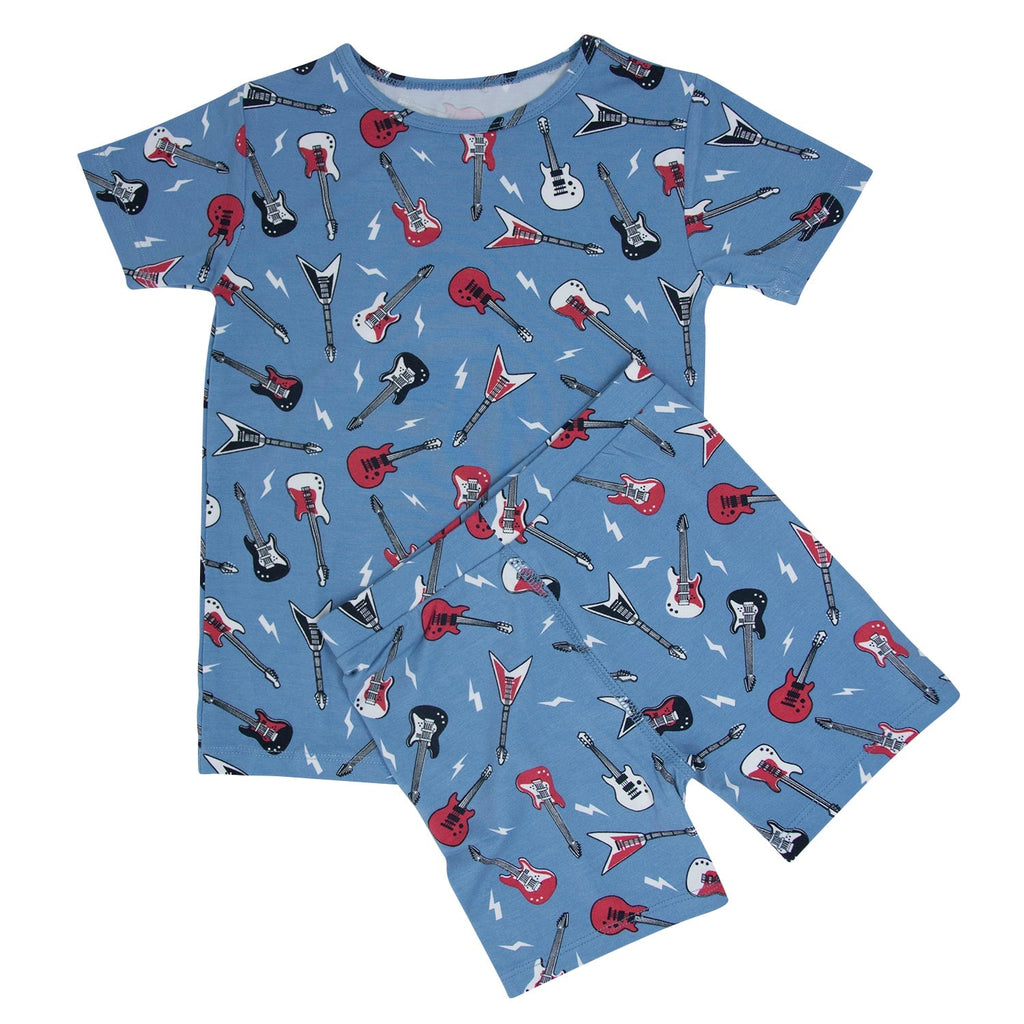 Boys blue guitar-print pajama set with short-sleeve T-shirt and shorts, allover icons