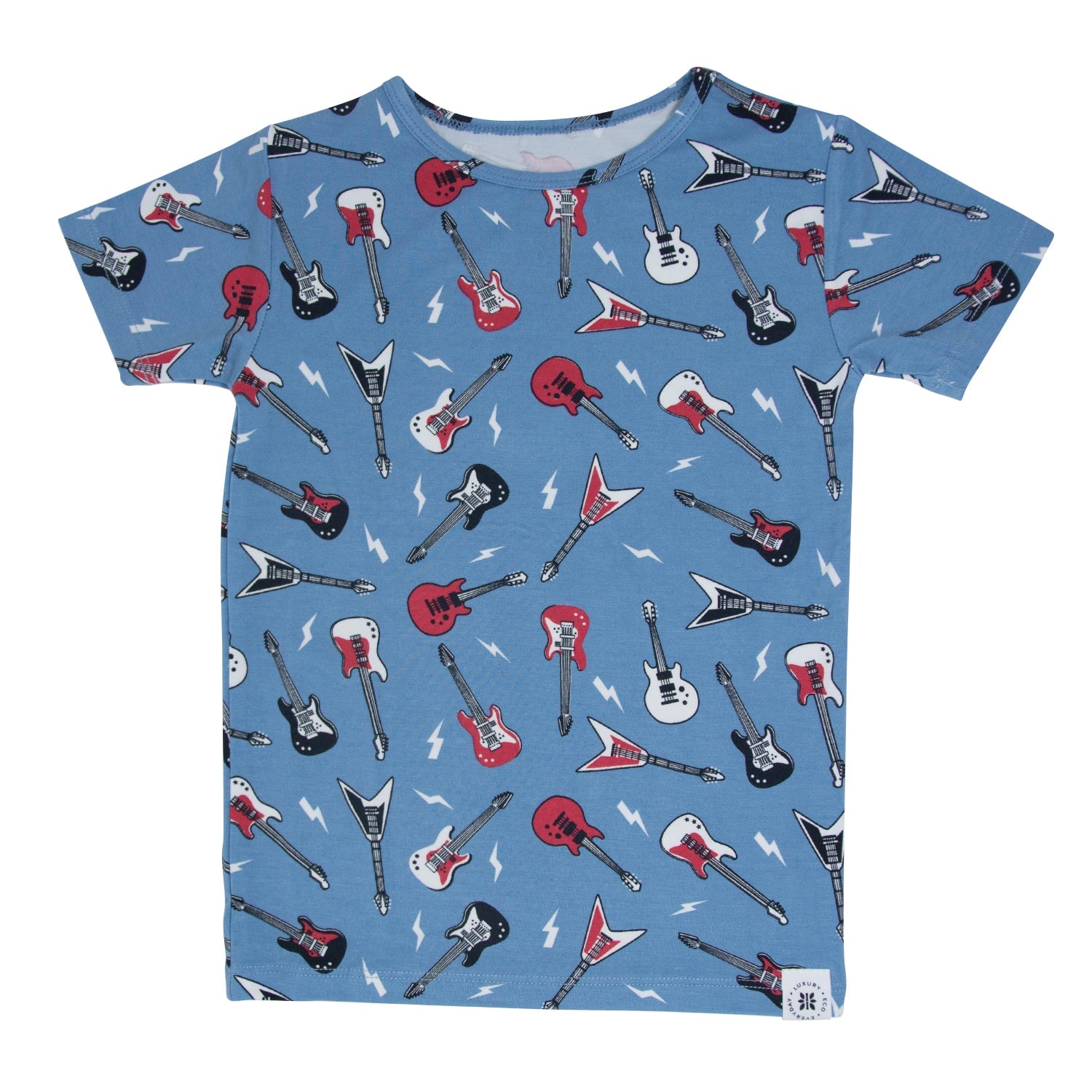 Boys blue guitar-print pajama T-shirt with crew neck and short sleeves, allover icons