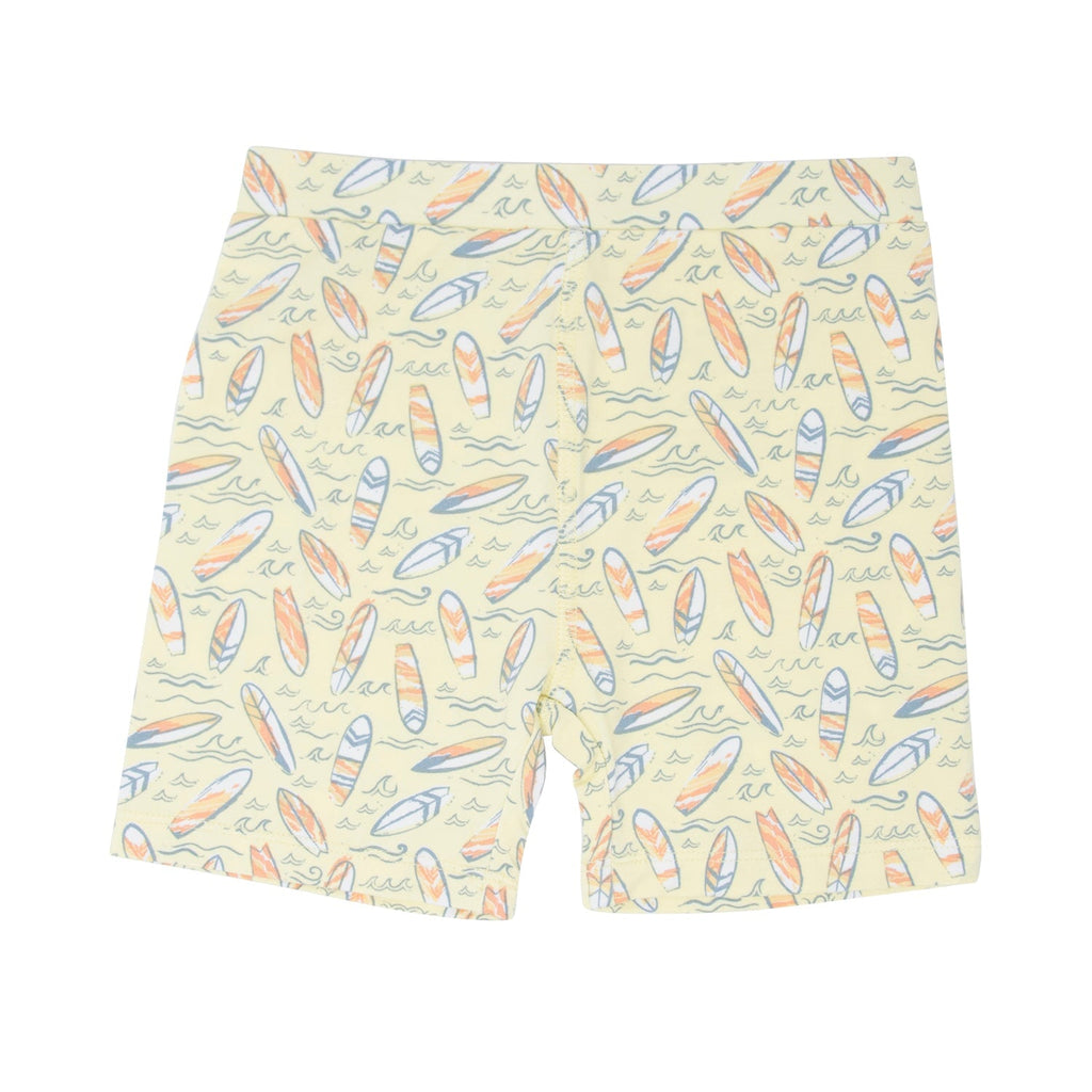 Boys yellow surfboard waves shorts with all-over surfboard print