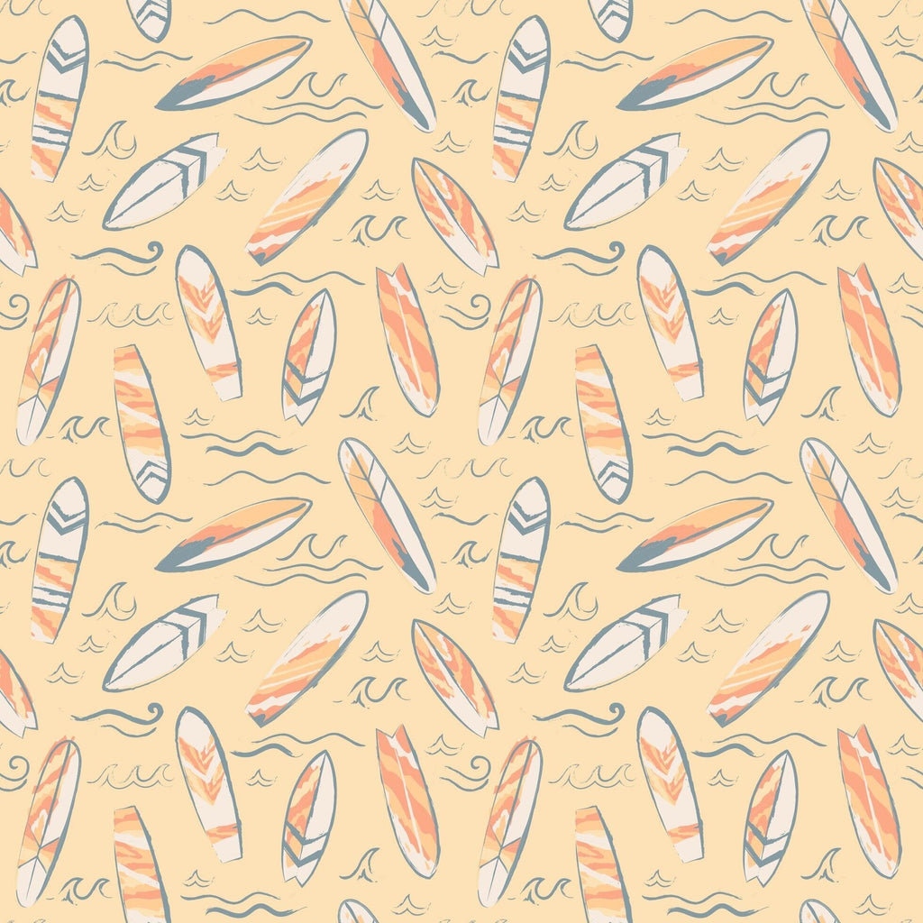 Yellow surfboard waves fabric pattern with surfboards and wave icons